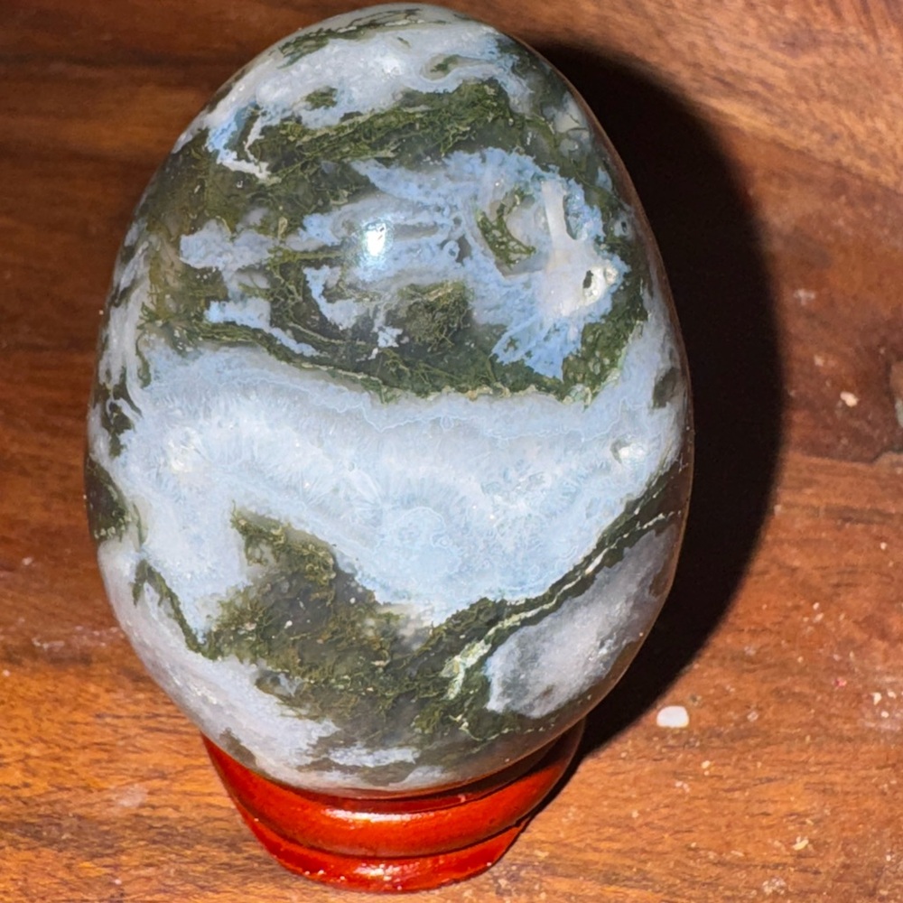 Natural Moss agate druzy hand carved egg.